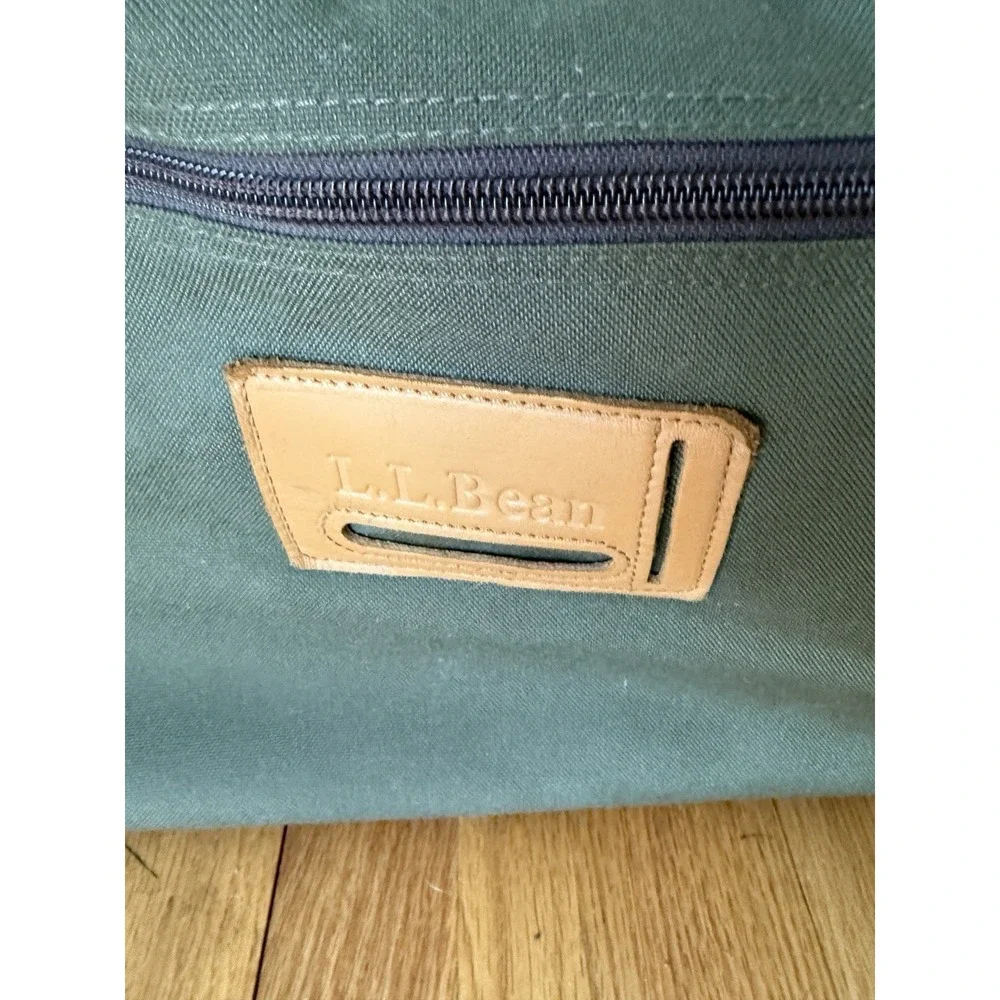 VTG LL Bean Rolling Duffel Bag Canvas‎ Green Leather Trim Embroidered Carryon